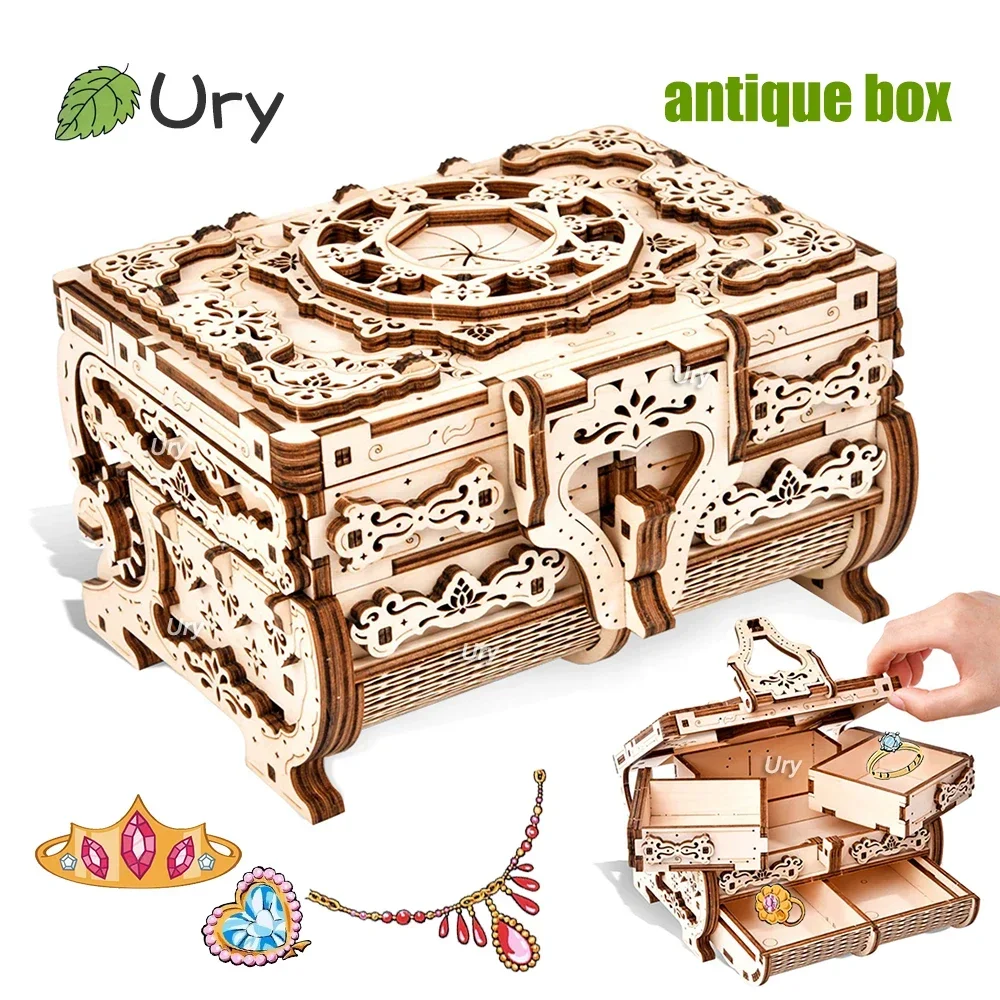 

URY 3D Wooden Puzzle Antique Treasure Box Dressing Case DIY Game Advanced Assembly Model Toys Creative Gift for Lady Girls