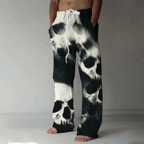 Men Straight Pants Elastic Waist Black White Skull Tie Dye Print Autumn Winter Casual Trousers Men's Clothing