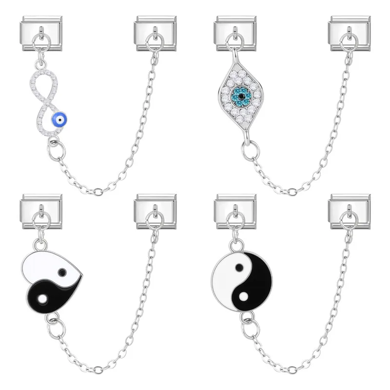 

Blue Devil Eyes Tai Chi Tassel Chain DIY Italian Charm Links Fit 9mm Bracelet Stainless Steel Men Women Jewelry Gifts