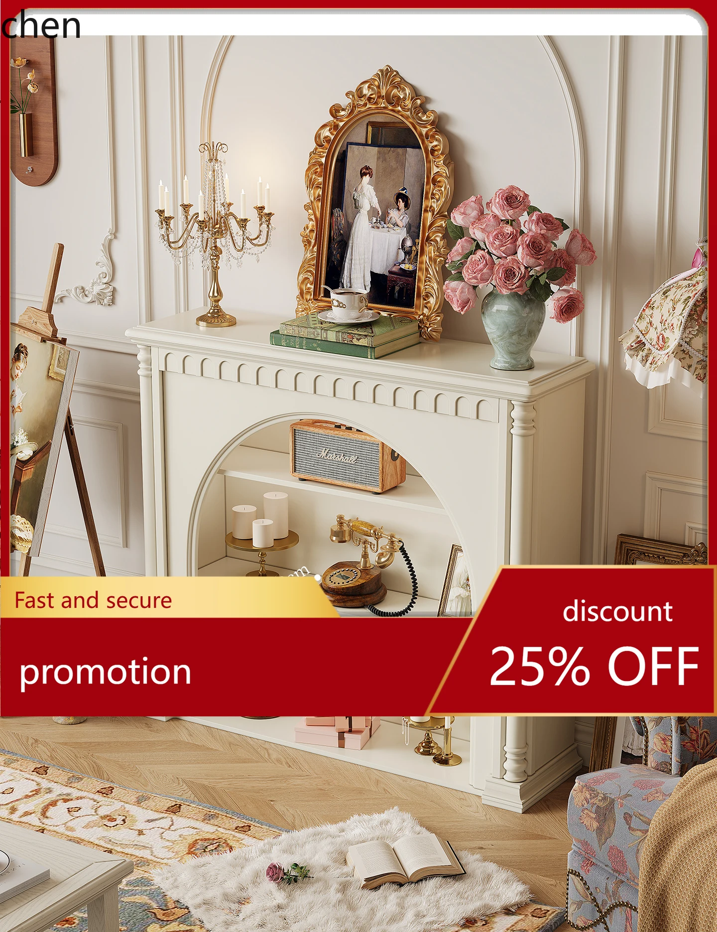 

HT Cream Style Fireplace Cabinet All Solid Wood Storage Cabinet Living Room Wall Storage Display Cabinet