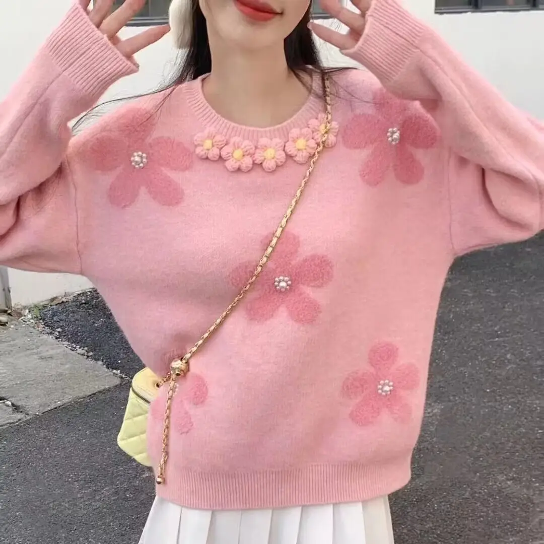 Pink Mink Fur High-end Feeling Heavy Nail Bead Flower Thickened Explosive Knitted Sweater Japanese Style Small Fragrant Wind