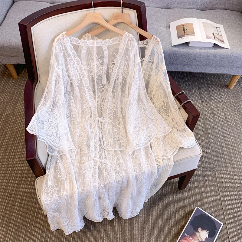 

Ele V-Ne, тонкий солнцезащитный кардиган средней длины с кружевной вышивкой для женщин больших размеров, летний повседневный трикотаж