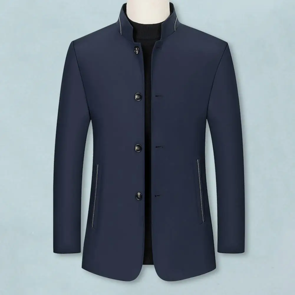 Stand-up Collar Men Jacket Stylish Men's Stand Collar Baseball Jacket with Pockets Long Sleeve Single Breasted Business for Men