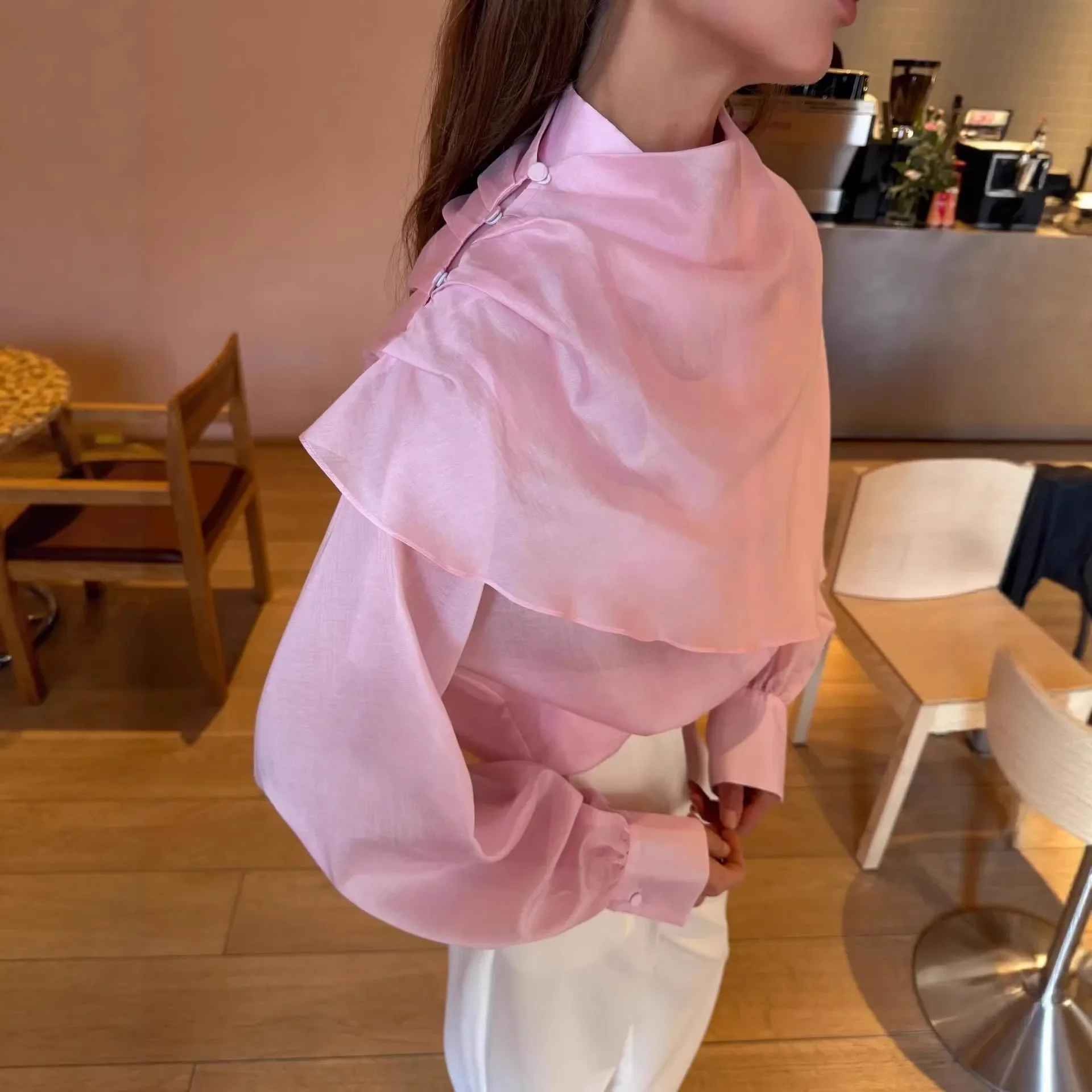 

Женская элегантная прозрачная шифоновая блузка с высоким воротом, модная, с оборками и пышными рукавами, розовая, укороченная, для свиданий, 2026, повседневная уличная одежда для женщин