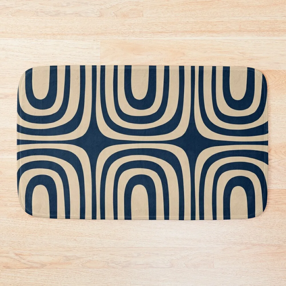 Midcentury Modern Confaab Abstract Pattern in Mid Mod Navy Blue and Beige Bath Mat Carpet In The Bathroom For The Bathroom Mat