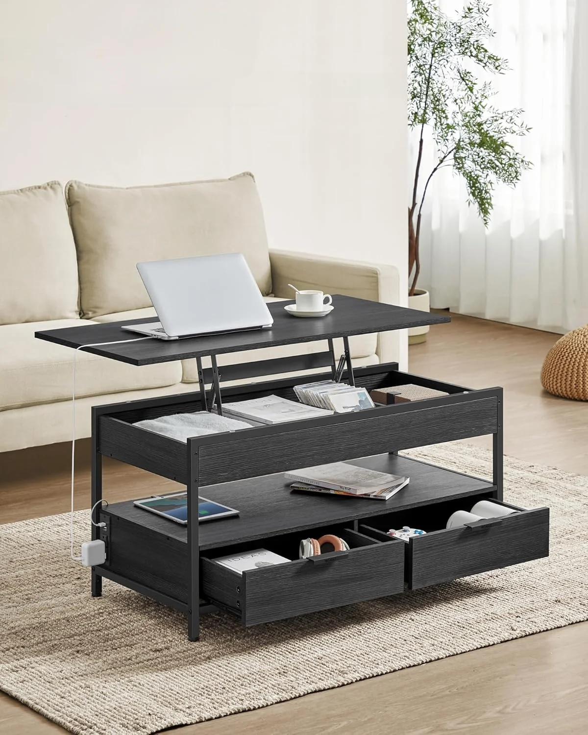 

Lift Top Coffee Table with Storage Drawers and Charging Station, Coffee Table for Living Room with Lifting Top