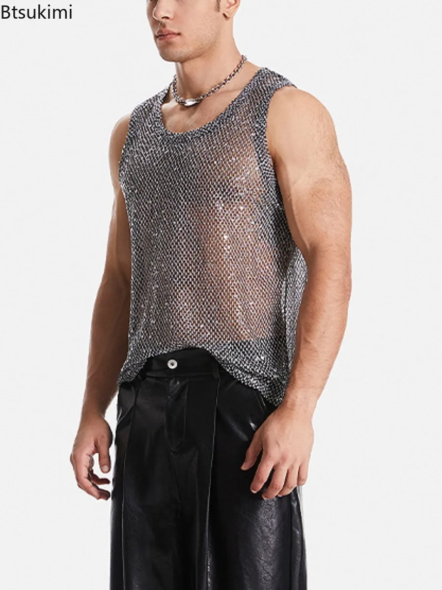 Sexy Men\'s Hollow Out Mesh Tank Tops Fashion Sequin Woven Casual Sleeveless Vest Tops 2024 See Through Streetwear Male Waistcoat