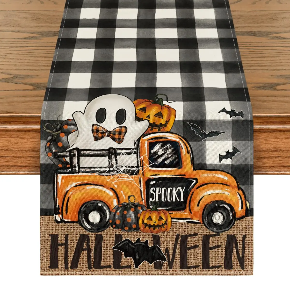 

Buffalo Plaid Table Runner, Bat, Pumpkin, Ghost, Truck, Spooky Halloween Table Runner, Kitchen Dining Table Decor for Home Party