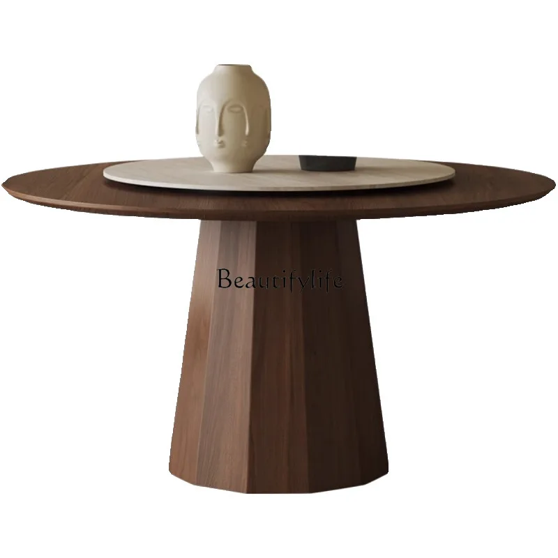 

French retro solid wood round meal household small apartment with turntable walnut round table