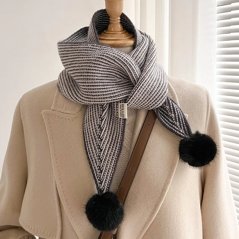 

Ladies Fashion Solid Colour Narrow Sharp Corners Stripe Neckerchief Knitted Winter Warm Long Scarf With Pompom