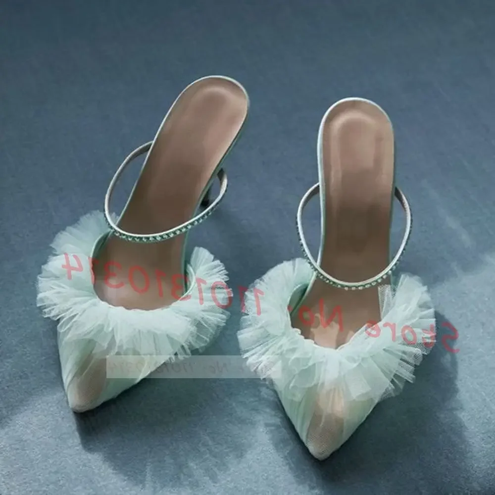 Mesh Ruffles Pointy Heels Sandals Women Elegant Rhinestone Green High Heels Shoes Flowers Summer Party Trends Grade Chic Sandals