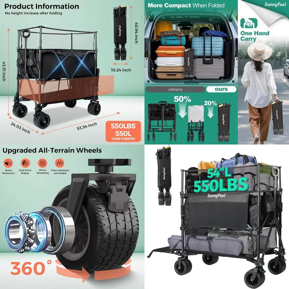 

550L Folding Utility Wagon with 550LB Load Capacity, Extendable and All-Terrain, Ideal for Outdoor Adventures