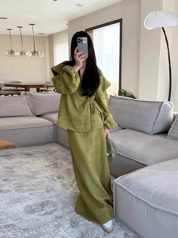 Lässiges Schnür-Hemdkleid-Set für Damen: Lockere V-Ausschnitt-Blusen mit Laternenärmeln und lange A-Linien-Röcke – Sommer-Outfits für Damen 2026