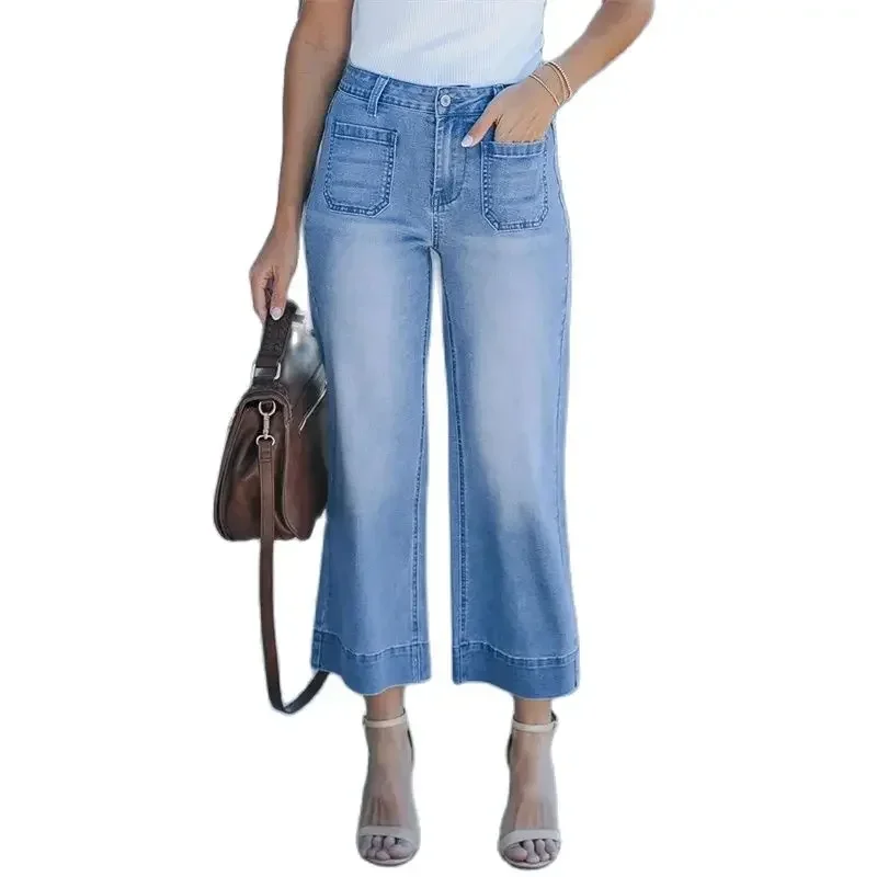 

Fashion Front Pockets Splice Decoration Jeans Women Loose Wide Leg Denim Pants Female Washed Straight Nine-quarter Trousers New