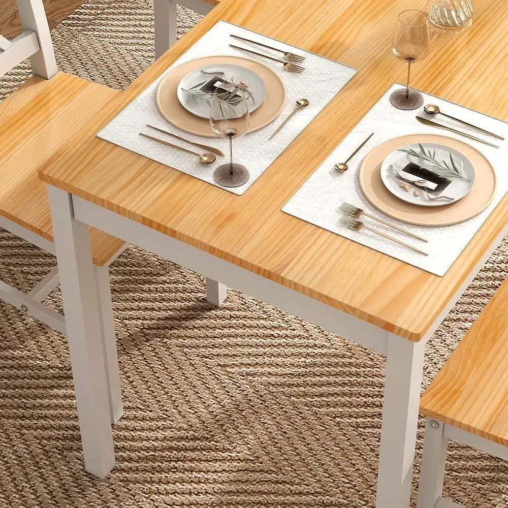 Dining Table Set 4 Small Space 5 Pieces Kitchen Dining Room Strong Stable Pine Wood Rustic Elegant Design Easy Assembly