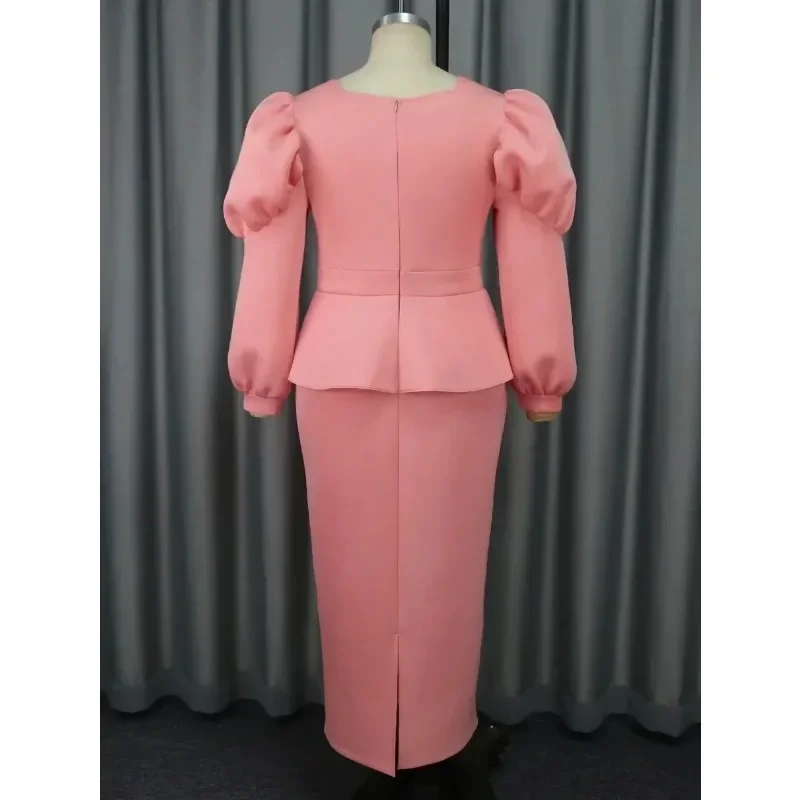 女性用エレガントなピンクのイブニングパーティードレス、Oネック、アップリケ、ロングパフスリーブ、ハイウエスト、ボディコン、誕生日、プロム、クリスマスイベント用ローブ