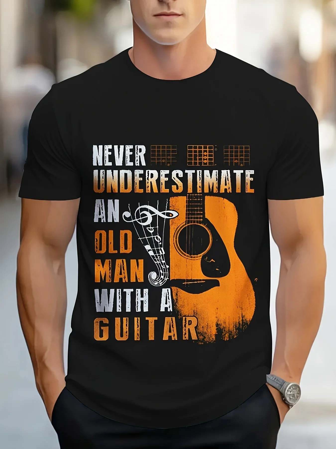 Casual Short Sleeve Crew Neck Tee, Men's Clothing For Outdoor Men's Guitar Print T-shirt,