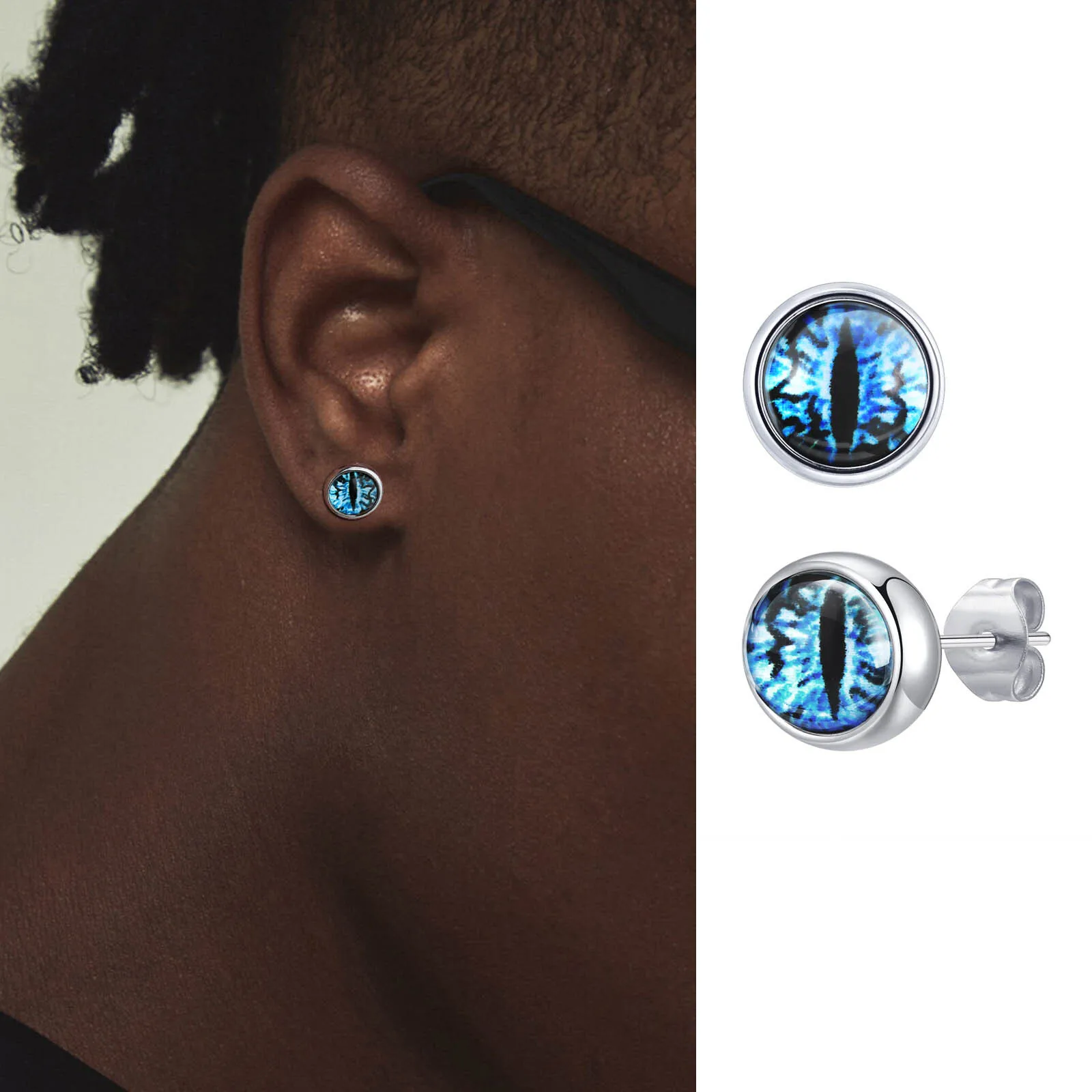 Blue Devil's Eye Stud Earrings for Men,Stainless Steel Glass Round Earrings,Enchanted Gothic Jewelry Gifts