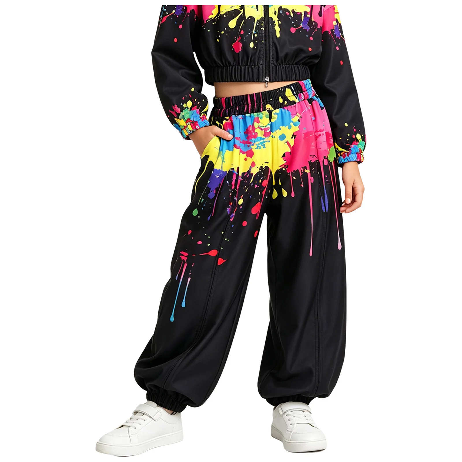 Kids Girls Colorful Print Sport Dance Hip Hop Pants Zipper Front Sweatpants Elastic Waist Legs Trousers for School Outdoor