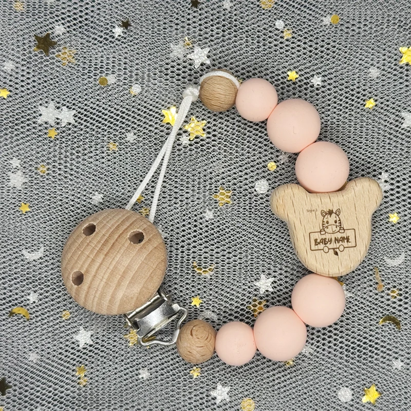 Green Squirrel Custom Animal Print Name Wood Personalized Baby Pacifier Chain Clip Bead Dummy Nipple Teethe Pendant Newborn Gift