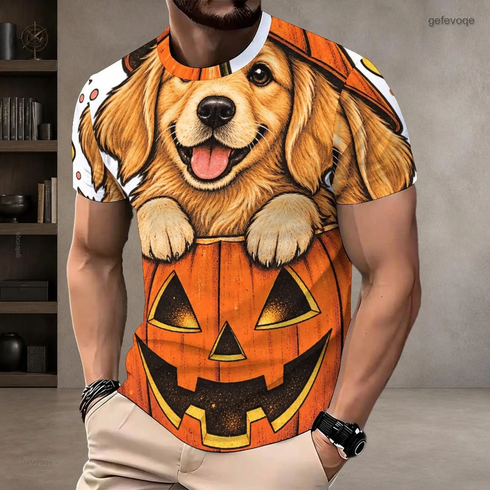 Men Short Sleeve Round Neck T-Shirt, Printed Cute Wizard Raccoon With Witch Cape Broom and Pumpkin Pattern