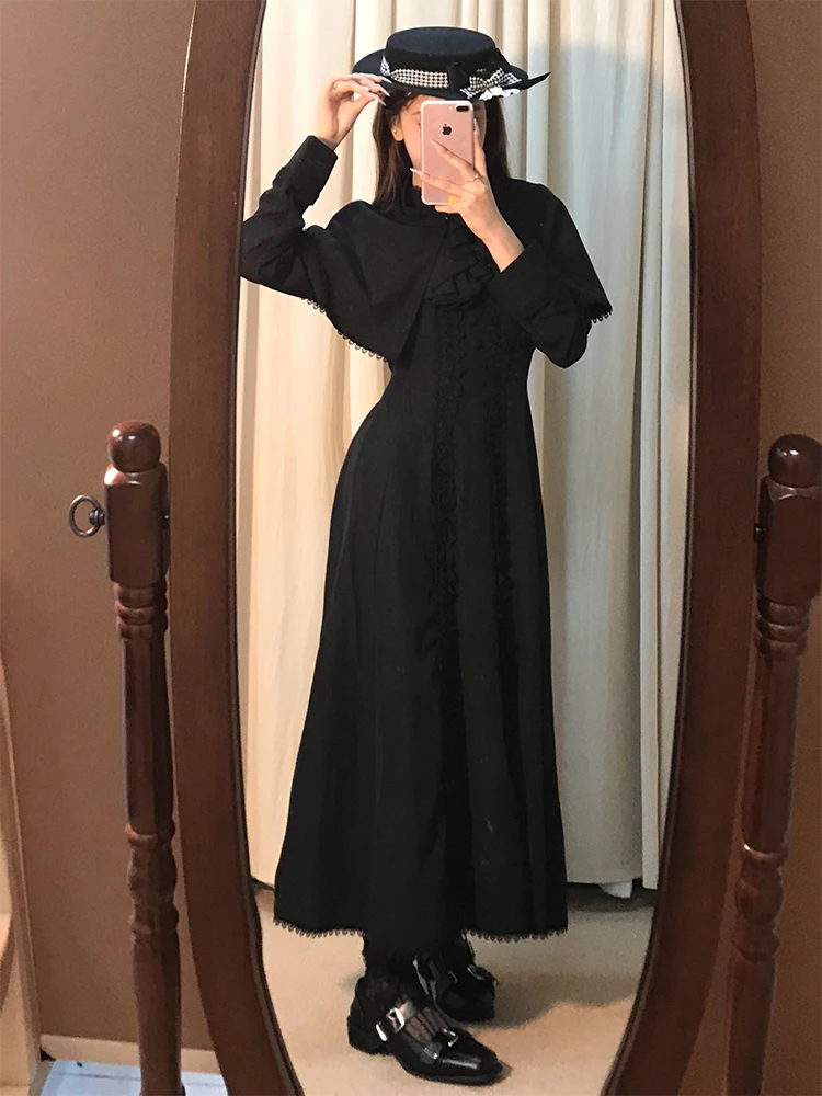 

Gothic Style Shoulder Shawl Cloak Black Slim Splicing Lace A-Line Dress Two-Piece Set Women's Fashion Autumn Collection
