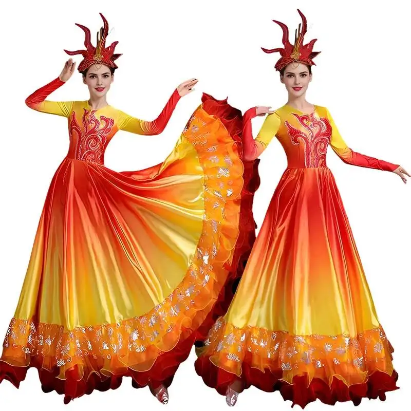 

Adult Red Long 720-Degree Full Swing Dance Costume Women Skirt Stage Performance Cosplay Outfit Ballroom Partner Dance Dress