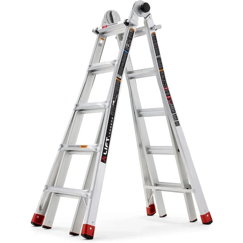 22 Foot Reach Adjustable 5 in 1 Multi Position Lightweight Aluminum Step Ladder with Armored J Locks and 375 Pound Capacity