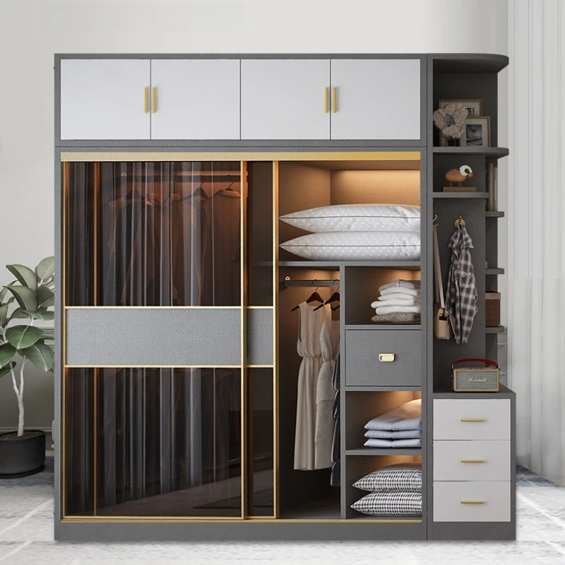 

simple light luxury clothes closet large storage Sliding door glass wardrobe bedroom save space armoire de rangement furniture