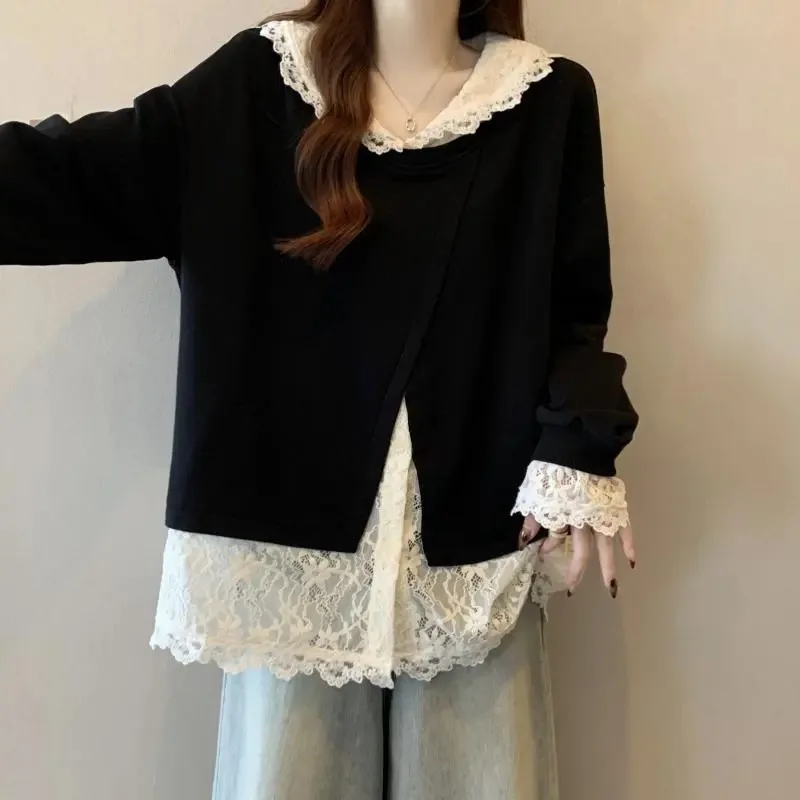 Baby Doll Collar Long-sleeved Fashion Sweatshirt Lace Fake Two-piece Shirt for Women Autumn Loose Splicing Versatile Top