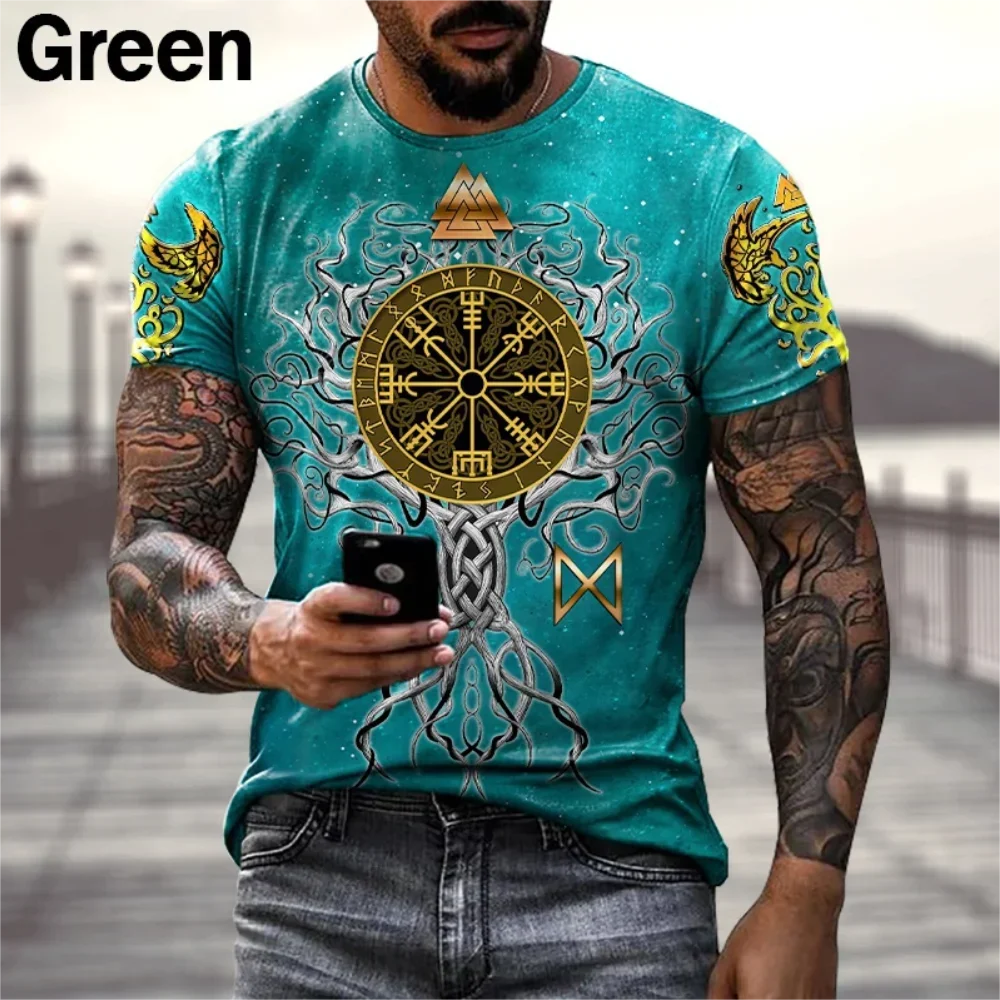 Europe and the United States Selling Viking Tattoo Art T-shirt Men's 3D Printed Round Neck T-shirt Summer Casual Sports Short Sl