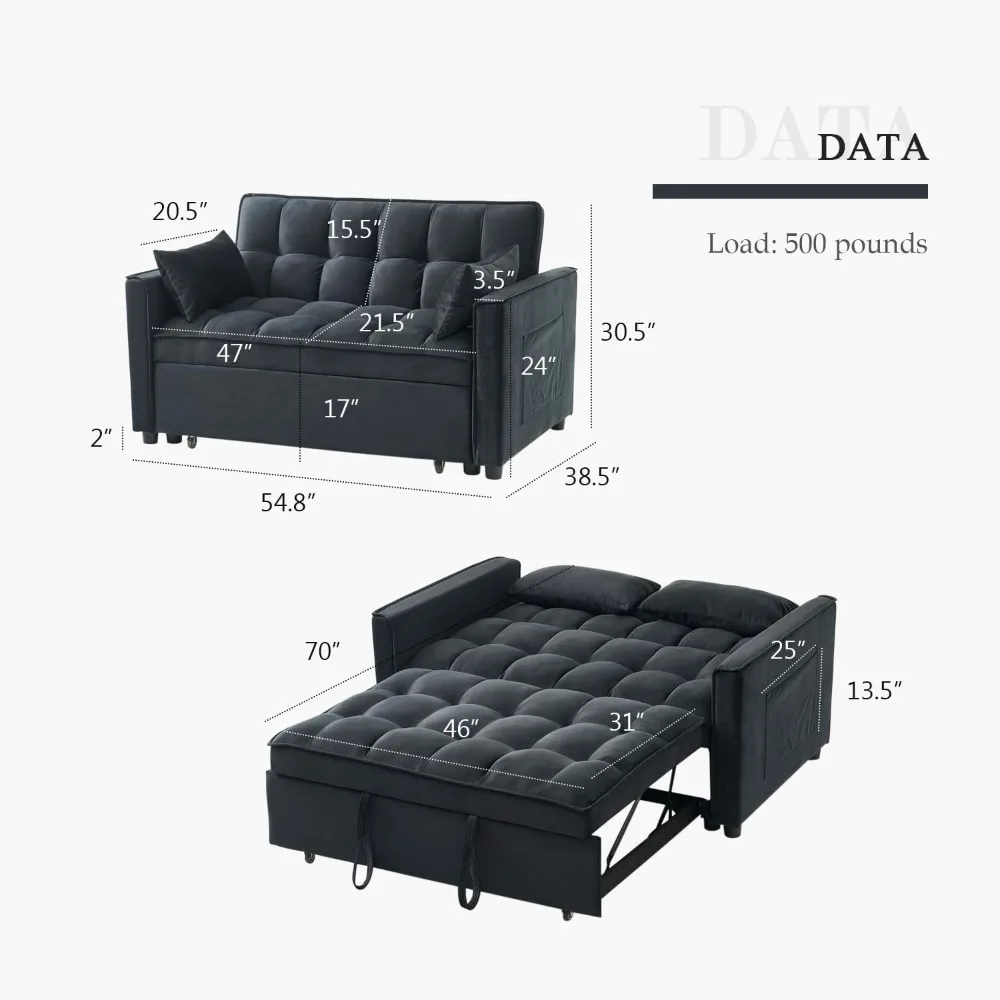 Sofá conversível com cama reversível, encosto reclinável, bolsos de armazenamento, inclui travesseiros, preto, dorminhoco de 54,8 ", 3 em 1