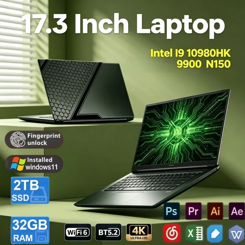17.3 Inch Full Size Display Notebook Intel I9‑10980HK I9‑9900 N150 32GB RAM 2TB SSD Fingerprint Unlock Win11 Gaming & Business