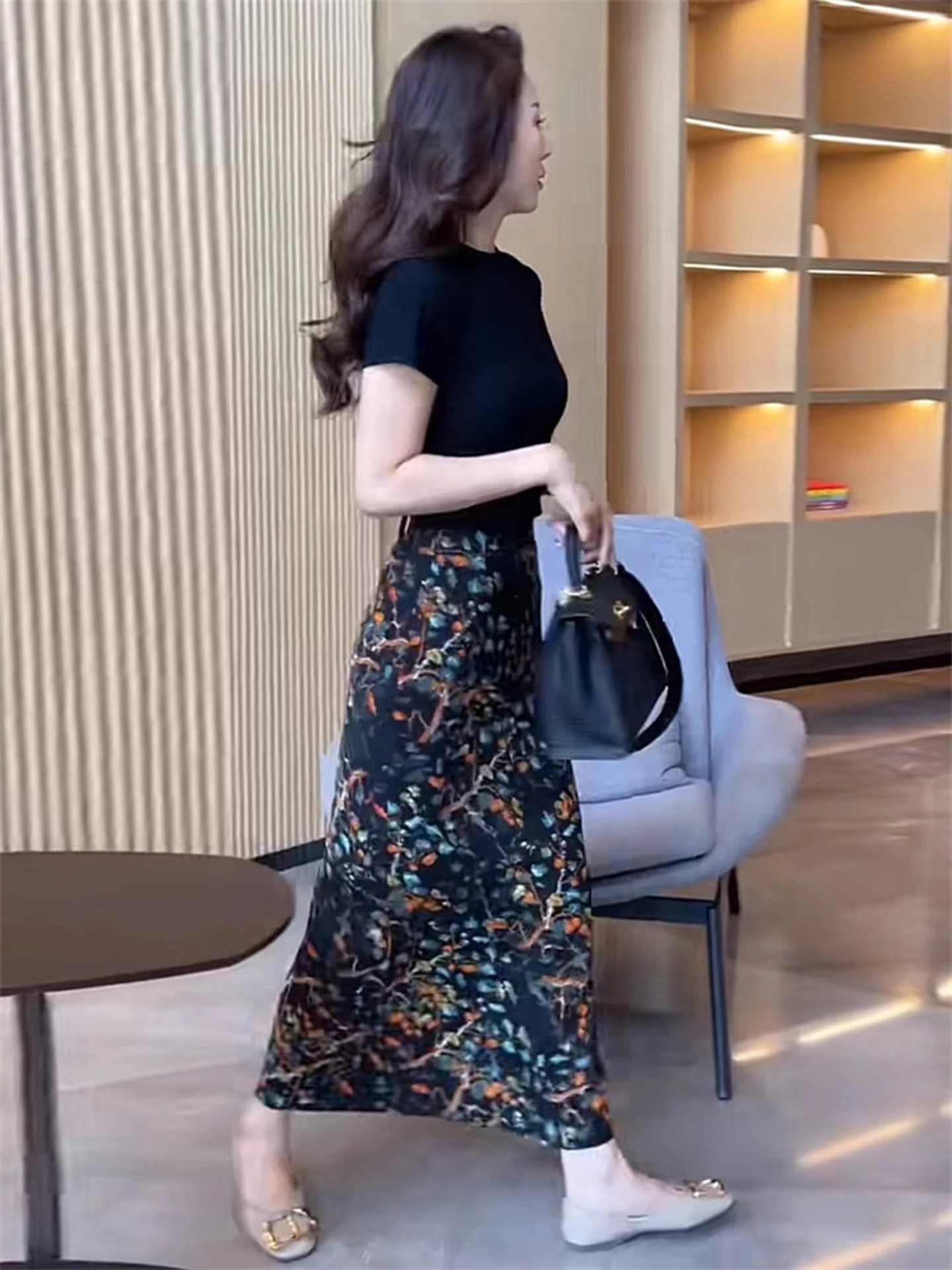Retro Luxury High Waist Floral Print  Skirt Women's Summer New Style Draped Slit Slimming Wrap around Skirt Trendy