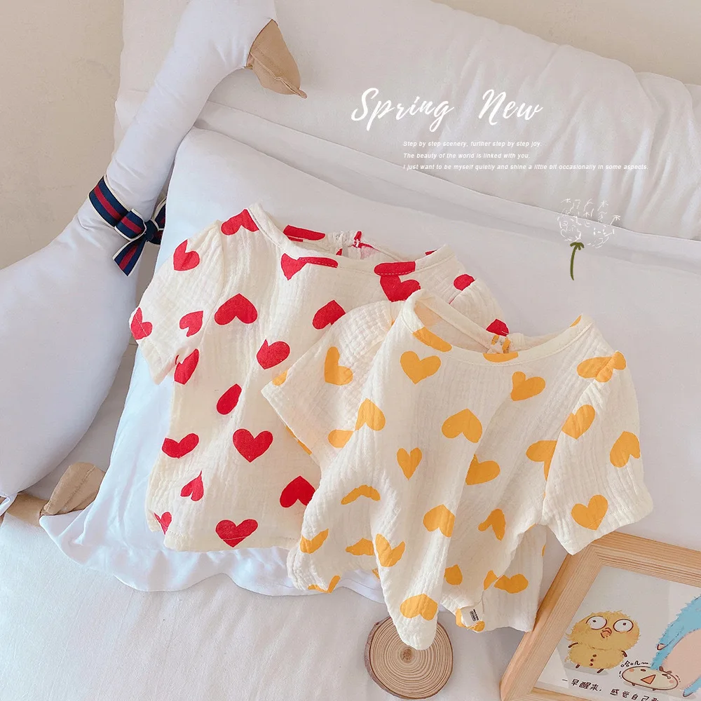 

(1-6 Years Old) 2pcs Baby Toddler Thin Short-sleeved Children's Suit Set Summer Heart Cotton Girl T Shirl Shorts Cloths