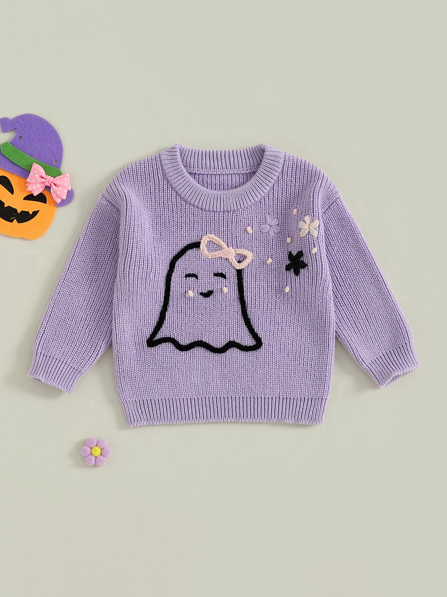 

Women s Halloween Knit Sweater with Long Sleeves and O Neckline Featuring Spooky Pumpkin Embroidery Design for a Festive Look