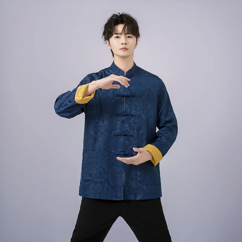Tang Jacket Men Kung Fu Tai Chi Uniform Wushu Clothes Chinese Silk Top Collar Vintage Reversible Long Sleeve Men's Shirt Costume