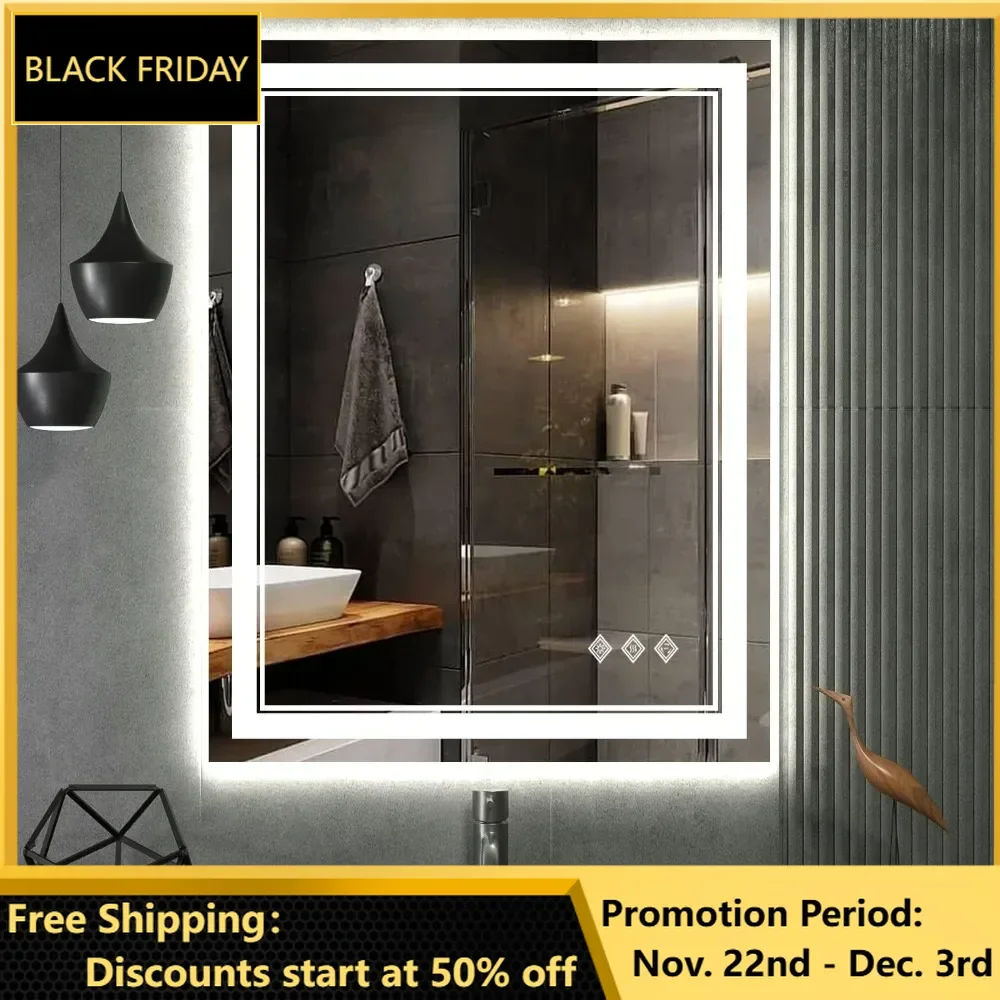 LED Bathroom Mirror, 24x32 Inch Gradient Front and Backlit LED Mirror, Enhanced Anti Fog, Hanging Plates Lighted Vanity Mirror