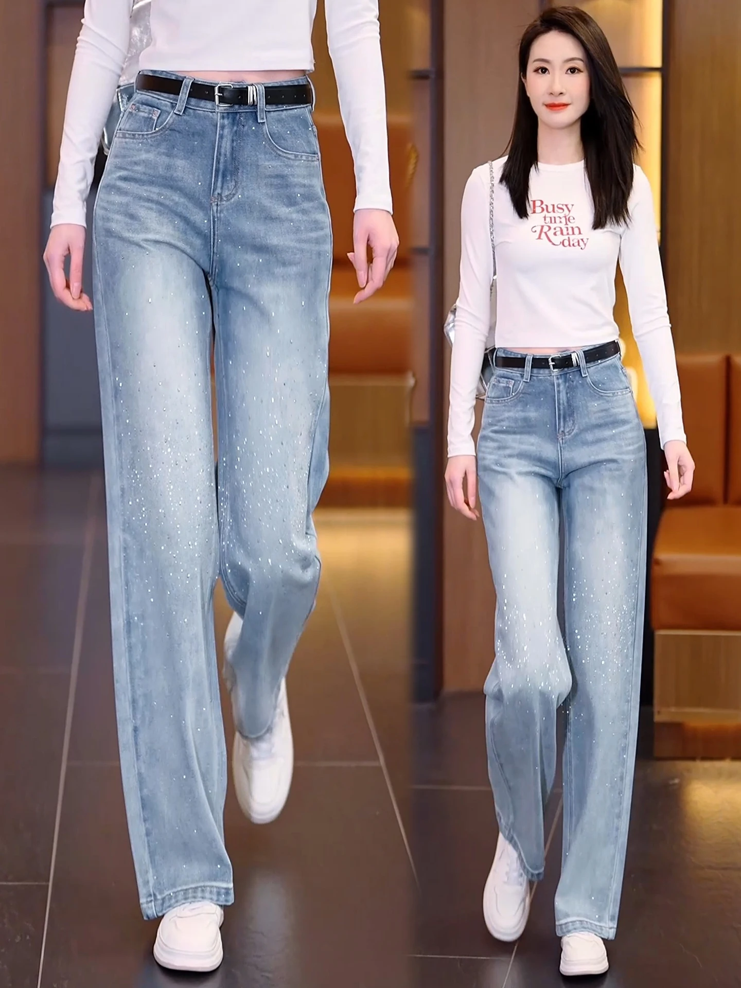 

High Waist Straight Leg Skinny Jeans Women's Spring Autumn New Small Size Diamond Embellished Slim Fit Wide Leg Denim Jeans