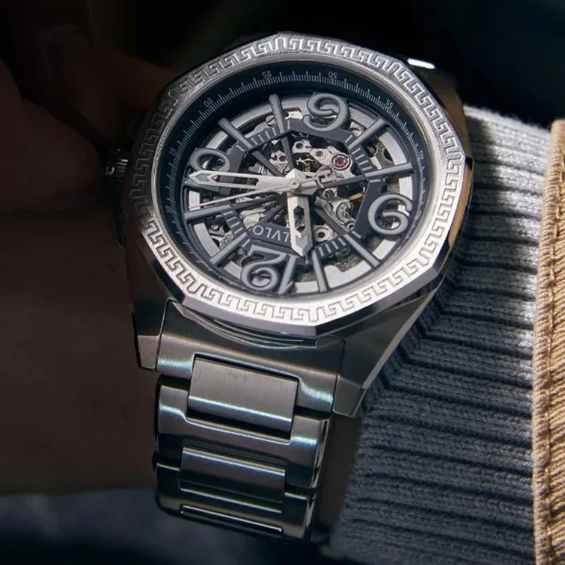 

OBLVLO мужские автоматические часы 43 мм механические наручные часы светящиеся 5 бар водостойкий сапфир стальной ремешок скелетон циферблат