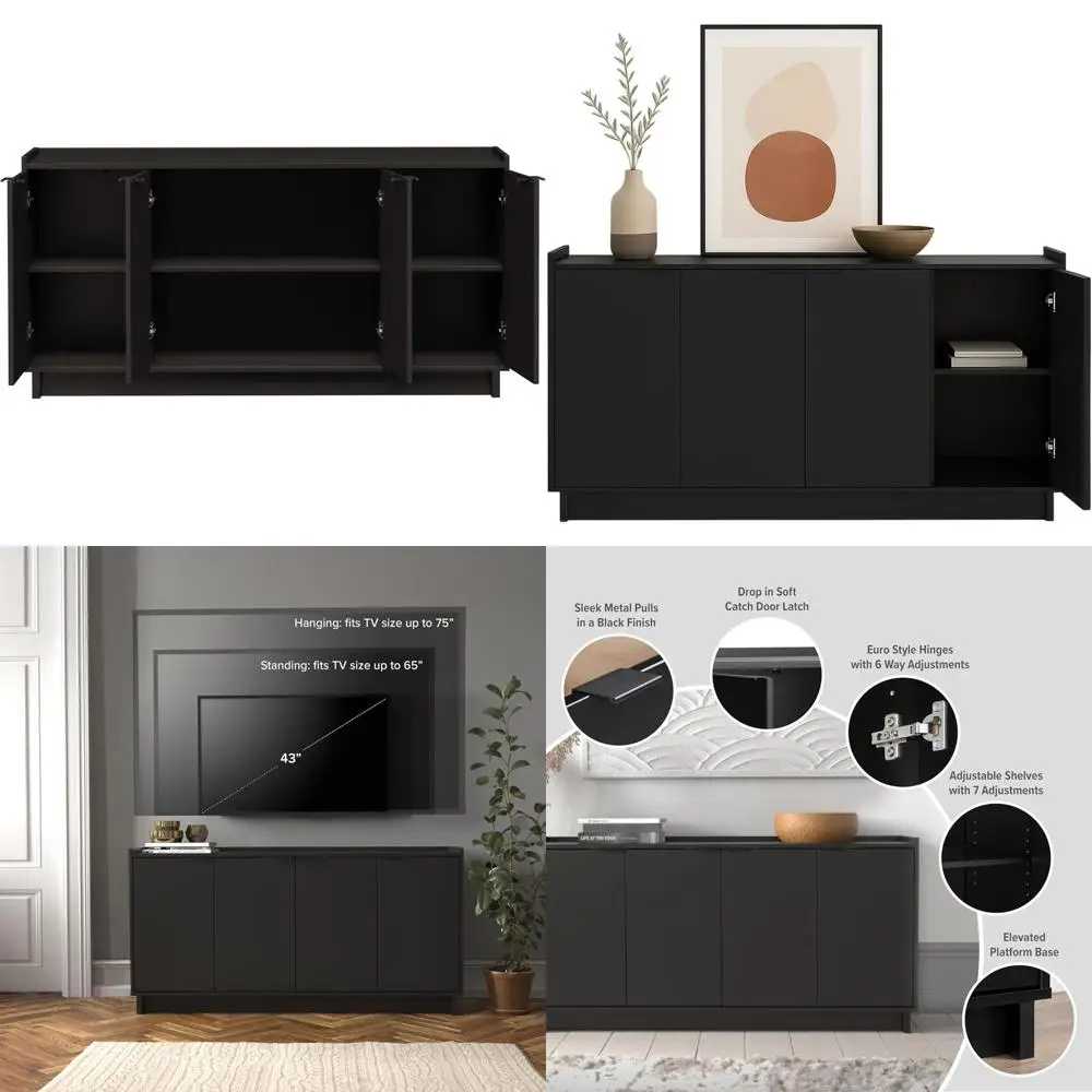 

4-дверный шкаф для хранения с ящиками и полками, 60 ширина x 30 высота x 16 глубина, черный