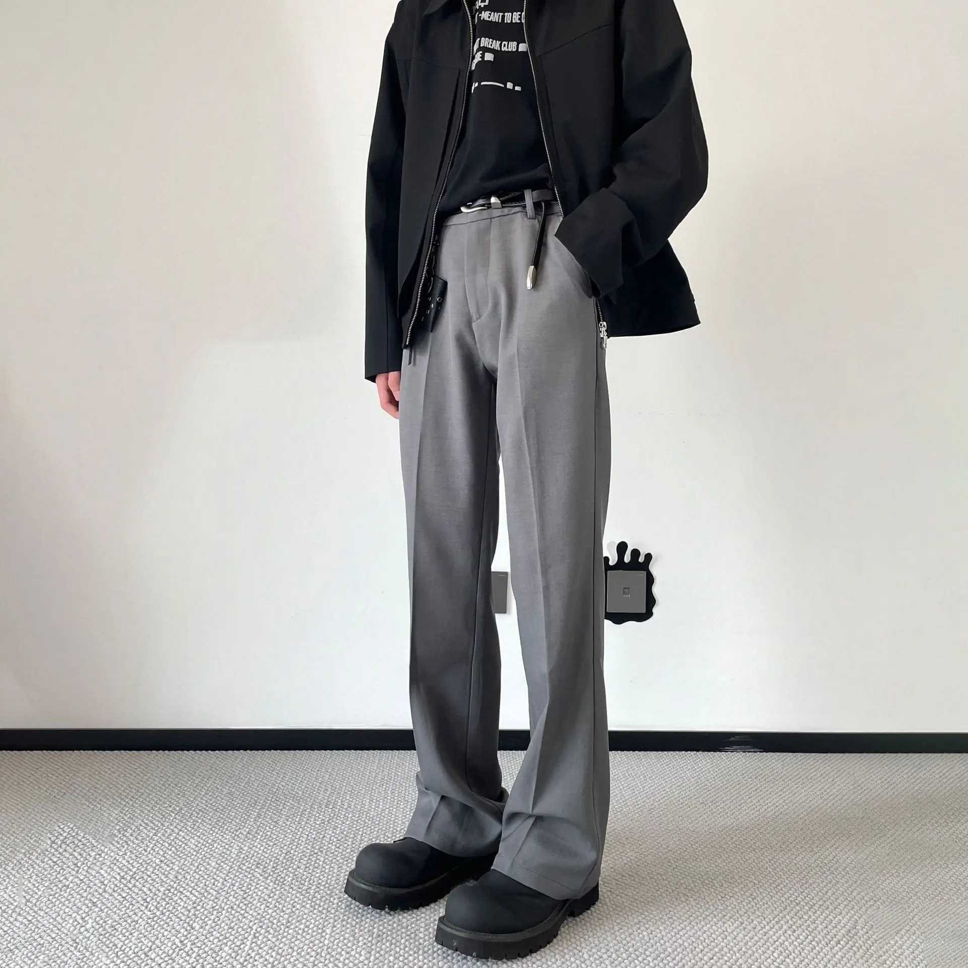 

Американские черные брюки с микроподтяжками 2024, мужские весенние высококачественные свободные и универсальные повседневные драпированные брюки с прямыми штанинами