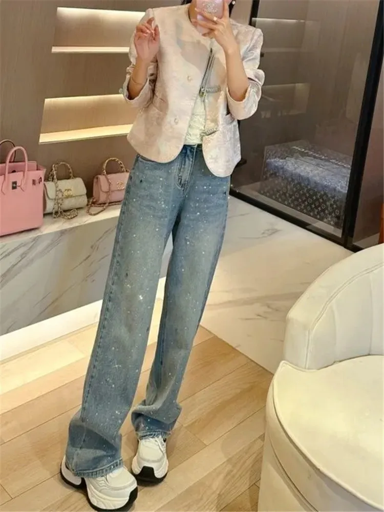 

Korean Fashion Jeans for Women 2024 Spring Summer New Heavy Industry Flash Drill Retro Washed High Waist Wide Leg Pants Female