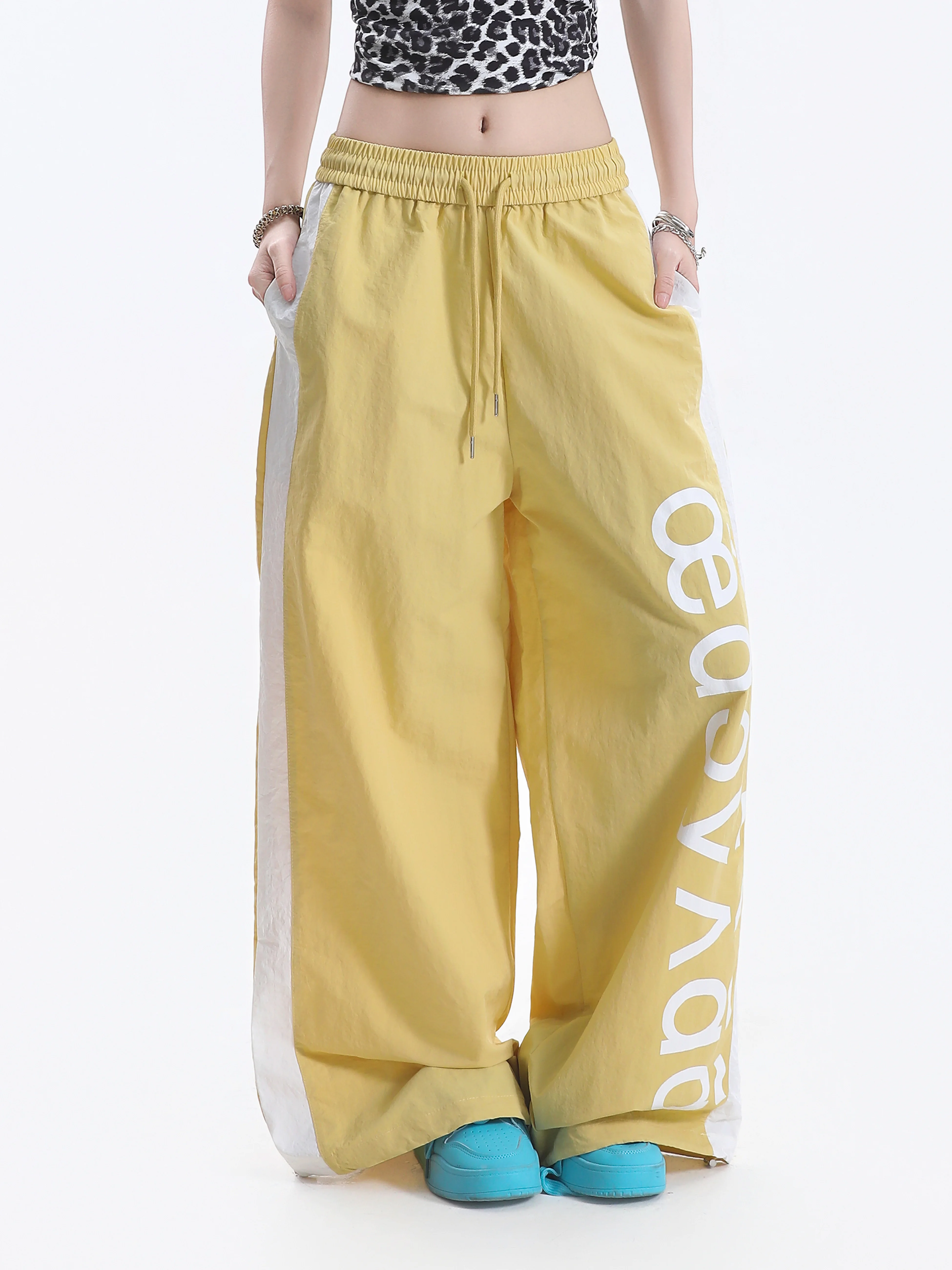 Loose Wide Leg American Letter Print Sports Pants Women's Elastic Waist Casual Long Trousers Small Ball Ball INS Cuffed