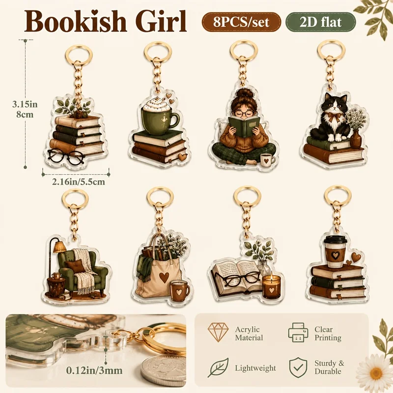 2D Flat 8pcs Book Lover Aesthetic Reading Theme Acrylic Keychain – Perfect Backpack School Bag Addition Gift for Women & Bookwor