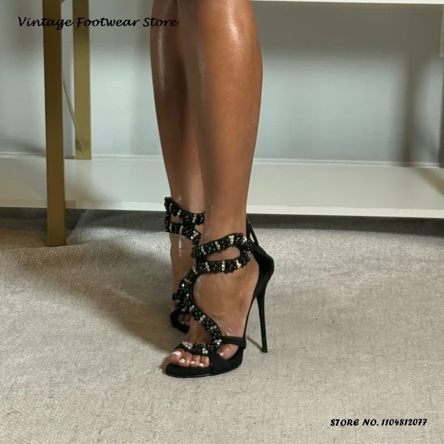 Crystal and Beads Embellished Stilettos Round Open Toe Thin Heels Party Dress Shoes Summer Street Style Back Zipper Sandals image 2