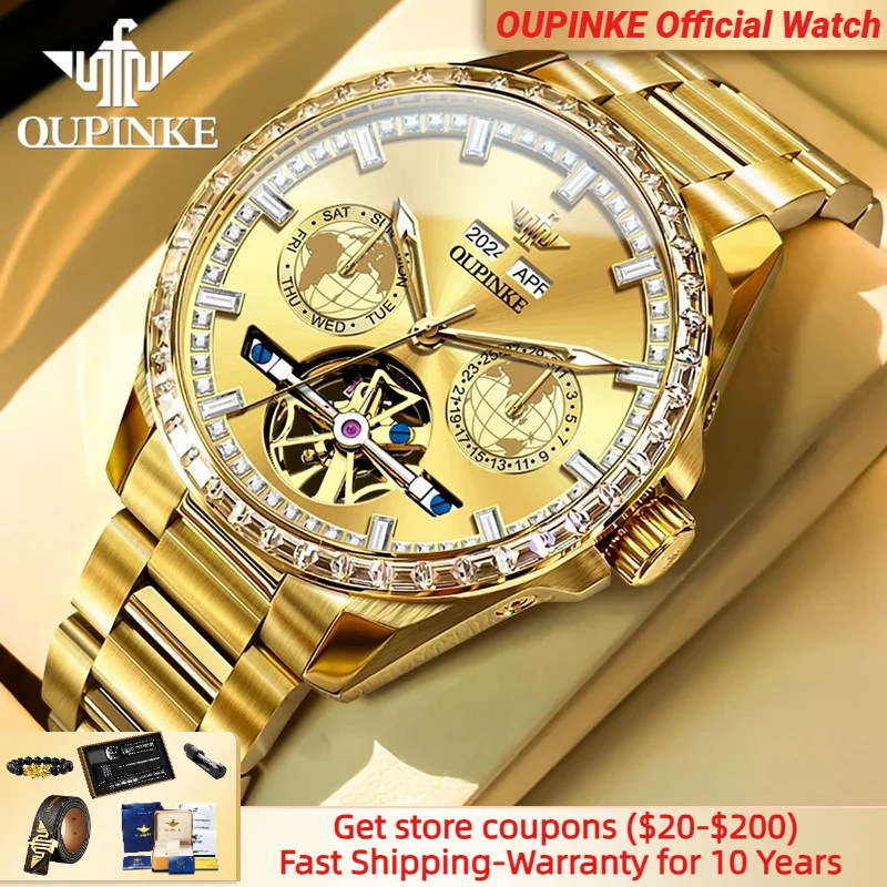 

OUPINKE 3280 Automatic Mechanical Watch for Men Golden Diamond Wristwatch Multifunctional Hollow out Waterproof Men Watches