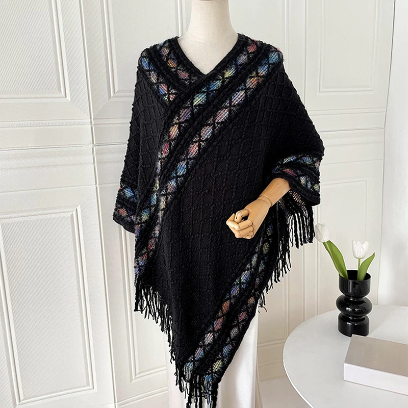 Women\'s Retro Pullover Tassel Shawl Retro Ethnic Style Cape Knitted Outwear Cape Tassel Coat  Tourism Wear Shawl Pull 100*90cm