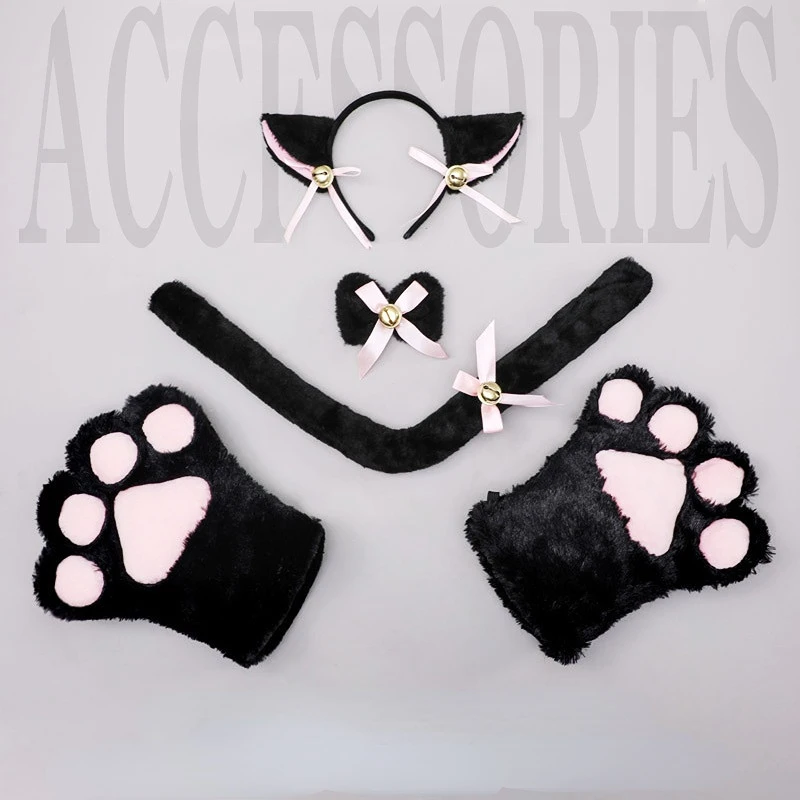 Kawaii Cat Girl Anime Cosplay Costume Accessory Bell Hairwear Hairbands with Cat Ears Neko Lolita Maid Plush Glove Tail Paw Ear