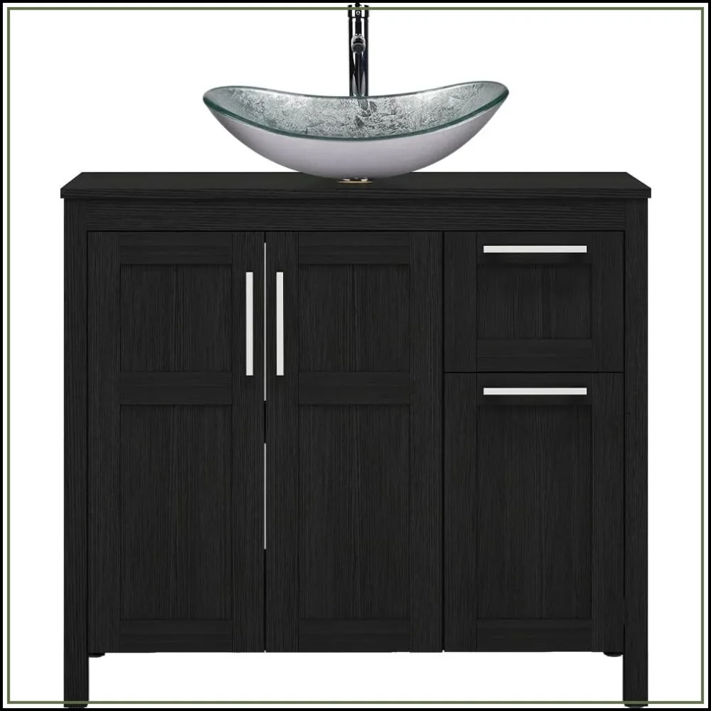 36 Inch Bathroom Vanity with Vessel Sink, Silver Sink, Wall Mounted Cabinet